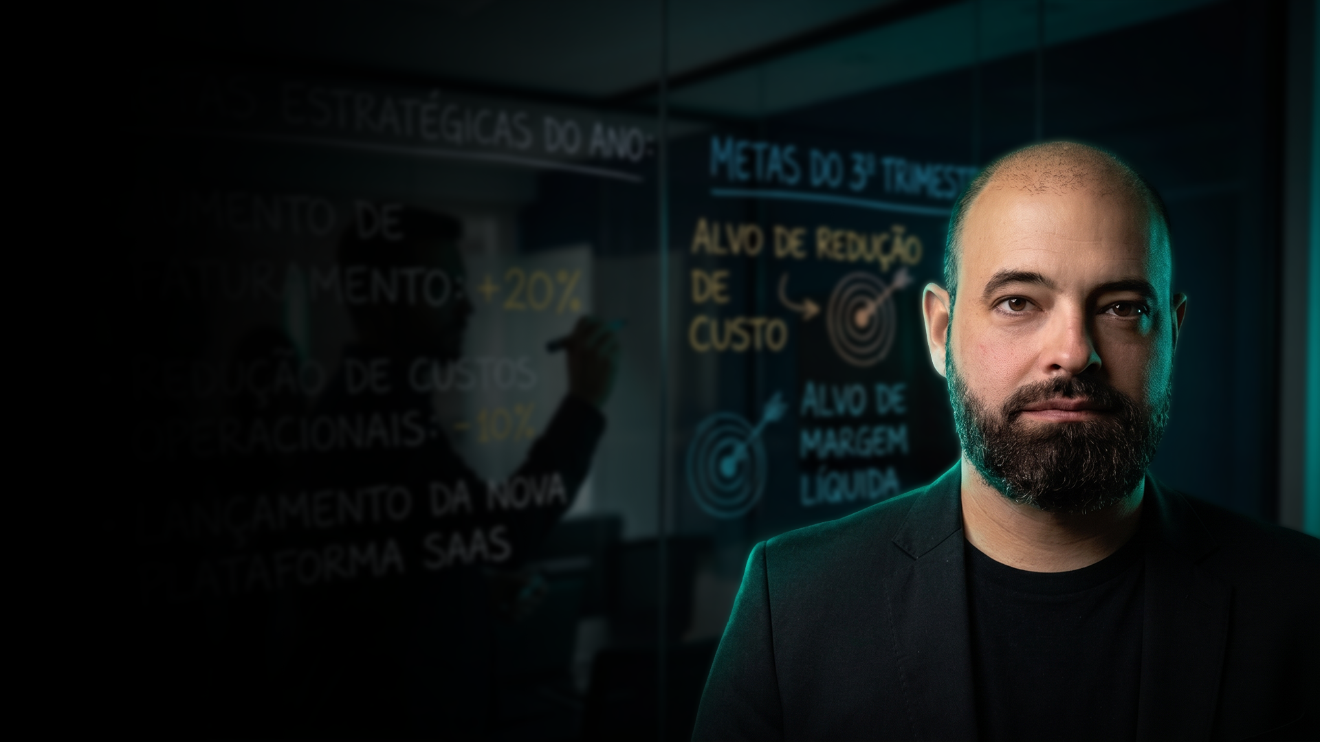 Ronaldo Almeida em sala de estratégia com quadros de metas